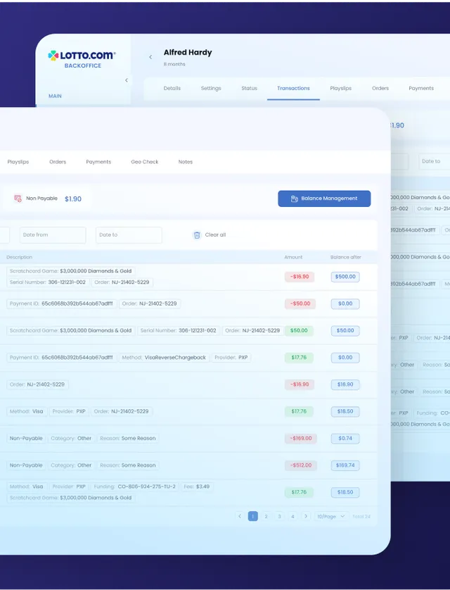 lotto.com Backoffice — Transaktionsübersicht